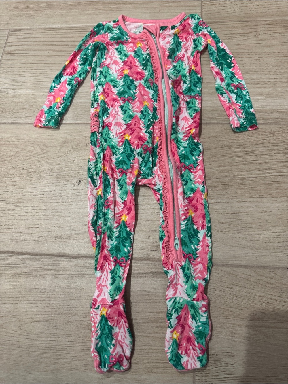 RuffleButts Ruffle One Piece Footie Pajama, Bamboo Viscose Pink Jolly Grove 6-12